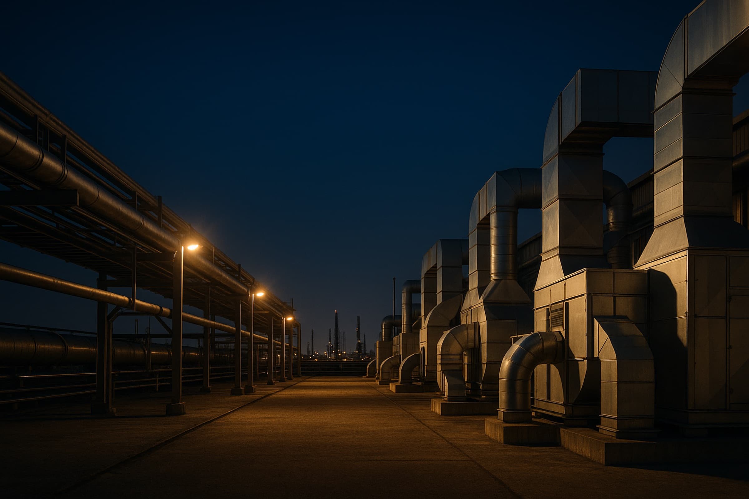 Industrial air handling equipment and ductwork along a plant mechanical yard at dusk, with a refinery skyline in the distance